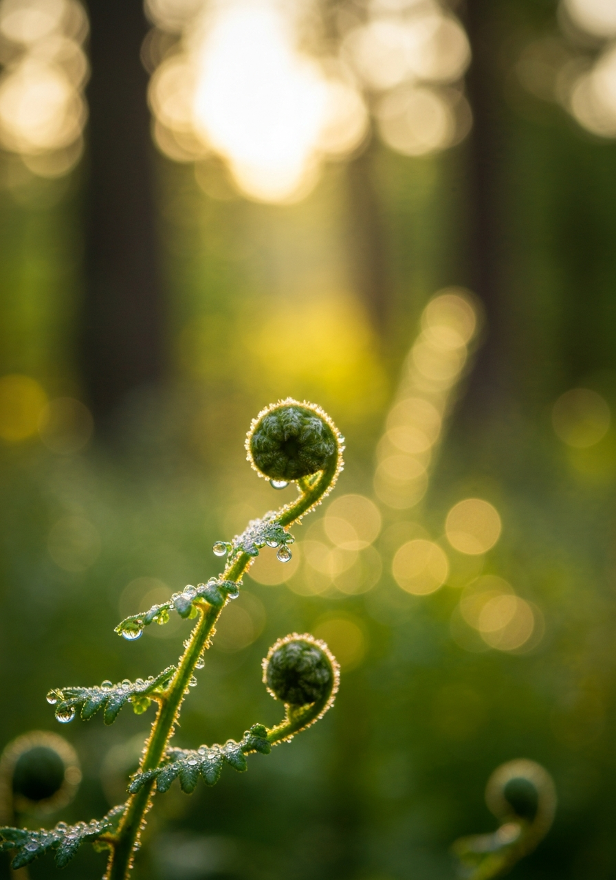 Peaceful natural setting with soft morning light filtering through trees