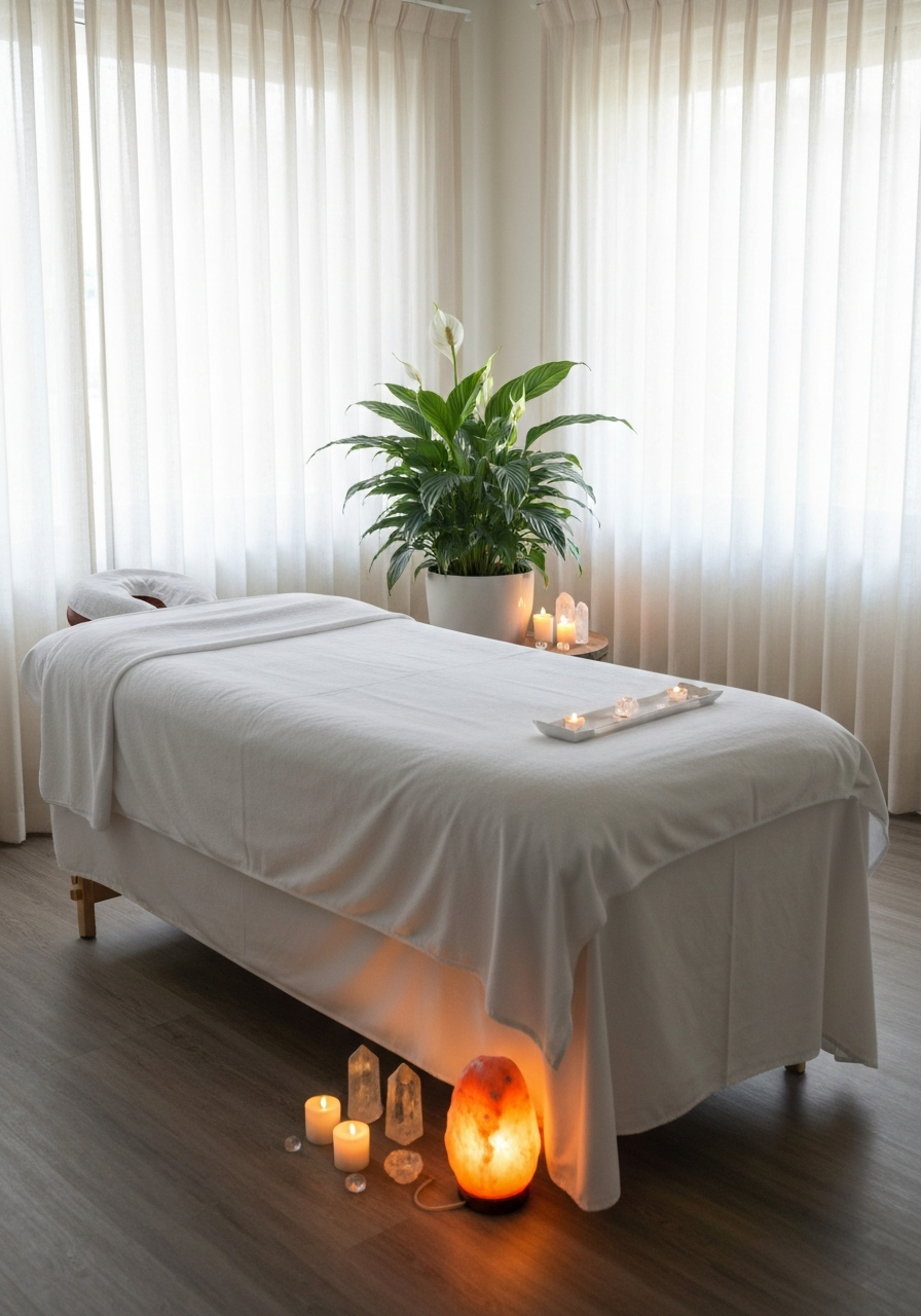 A serene and calming Reiki treatment space with soft lighting